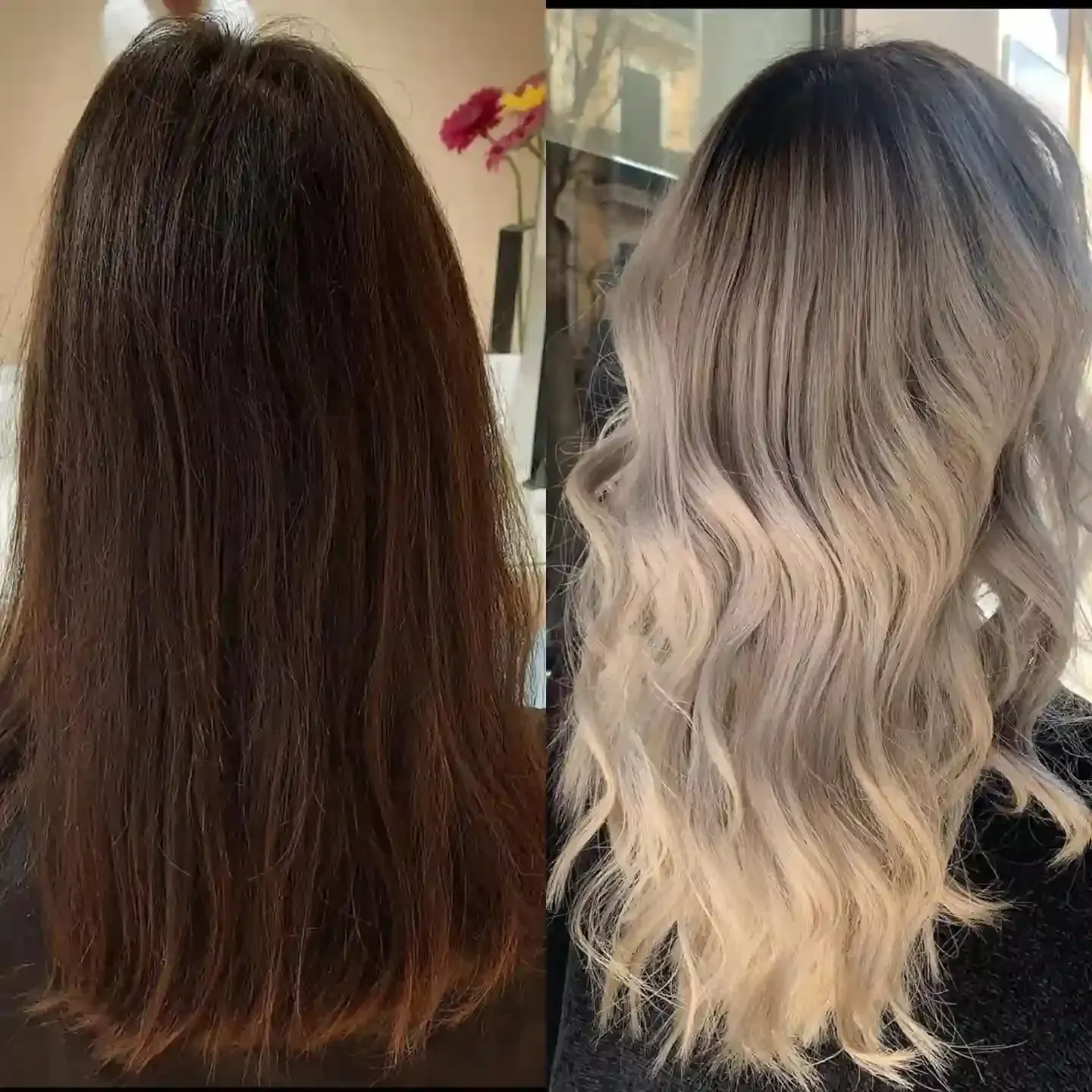 Antes y después del tinte para el cabello: castaño oscuro a rubio ombré con ondas.