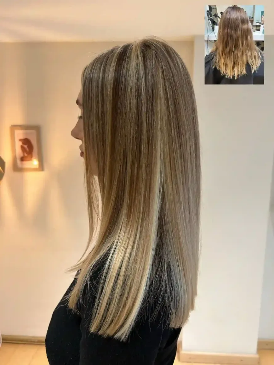 Mujer con cabello largo, liso y con mechas. Vista lateral. El recuadro muestra una foto de antes con el cabello dañado.