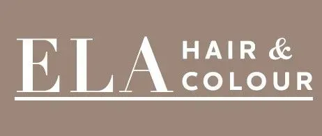 Logotipo para ELA Hair & Colour, texto blanco sobre fondo marrón.