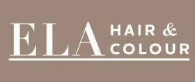 Logotipo para ELA Hair & Colour, texto blanco sobre fondo marrón.