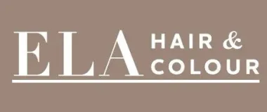 Logotipo para ELA Hair & Colour, texto blanco sobre fondo marrón.
