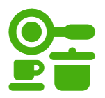 Un icono verde de una taza, una olla y una cuchara sobre un fondo blanco.