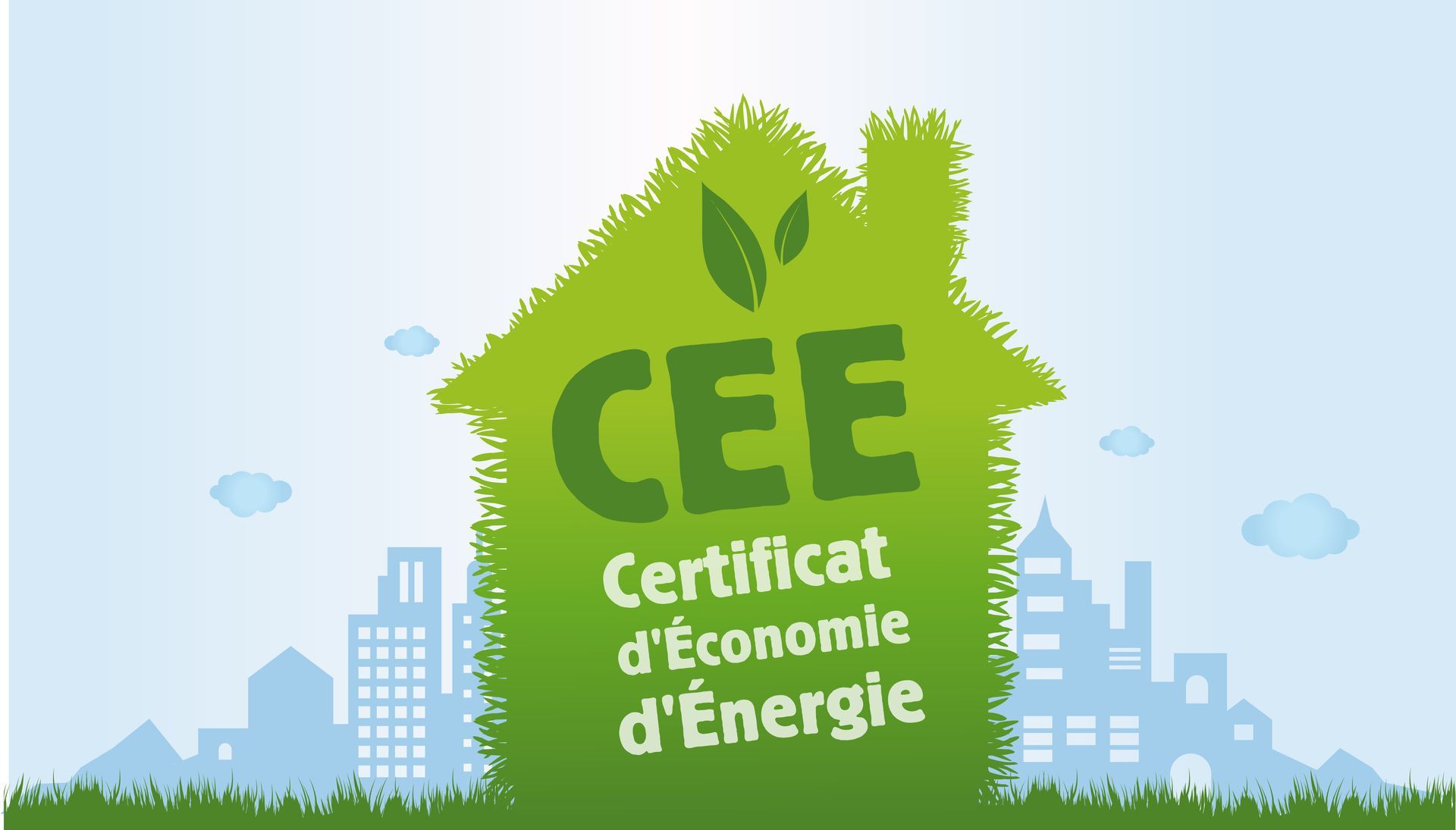 Une icône en forme de maison verte avec le texte « CEE Certificat d'Économie d'Énergie » sur un fond bleu clair urbain.