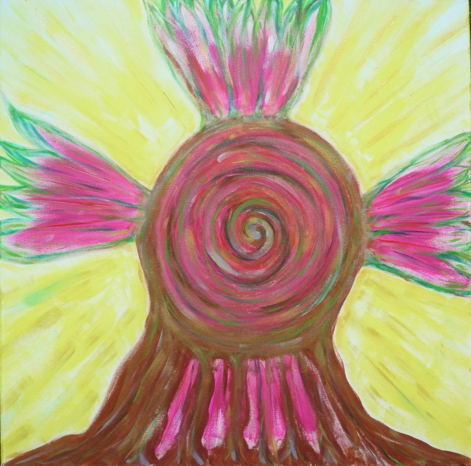 Ein Gemälde eines Baumstammes mit einer Spirale in der Mitte