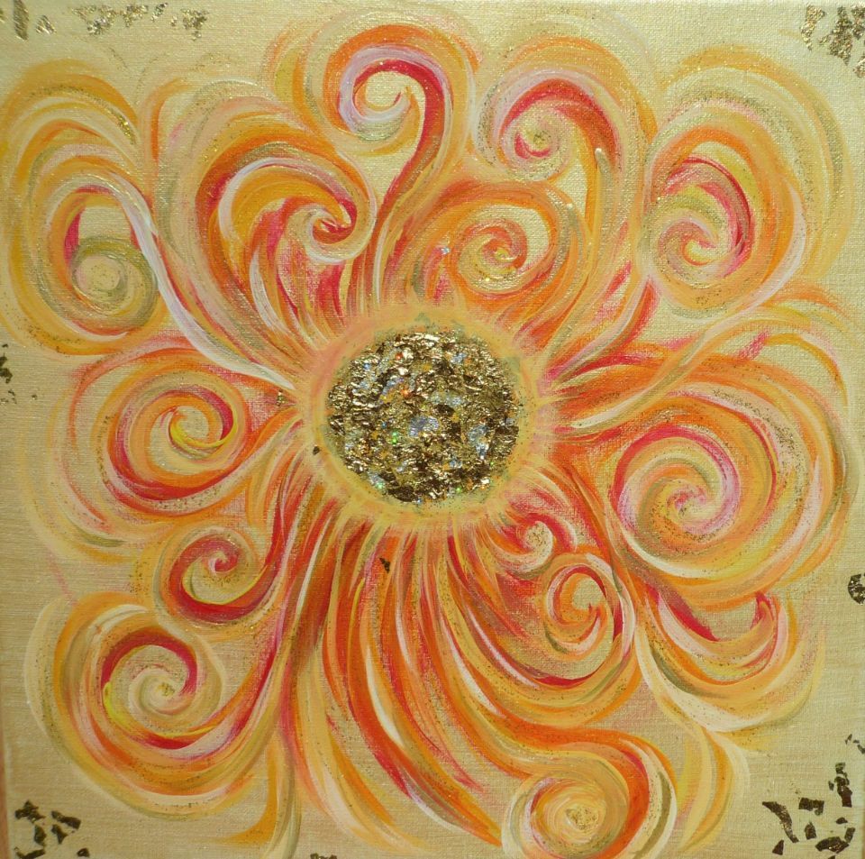 Ein Gemälde einer Blume mit Wirbeln und einer goldenen Mitte