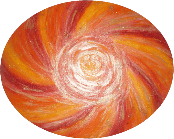 Ein Gemälde eines orangefarbenen und roten Wirbels mit einer weißen Mitte