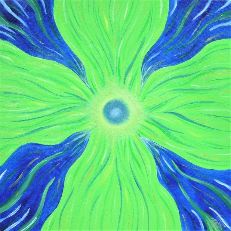 Ein Gemälde einer grünen und blauen Blume mit einer blauen Mitte