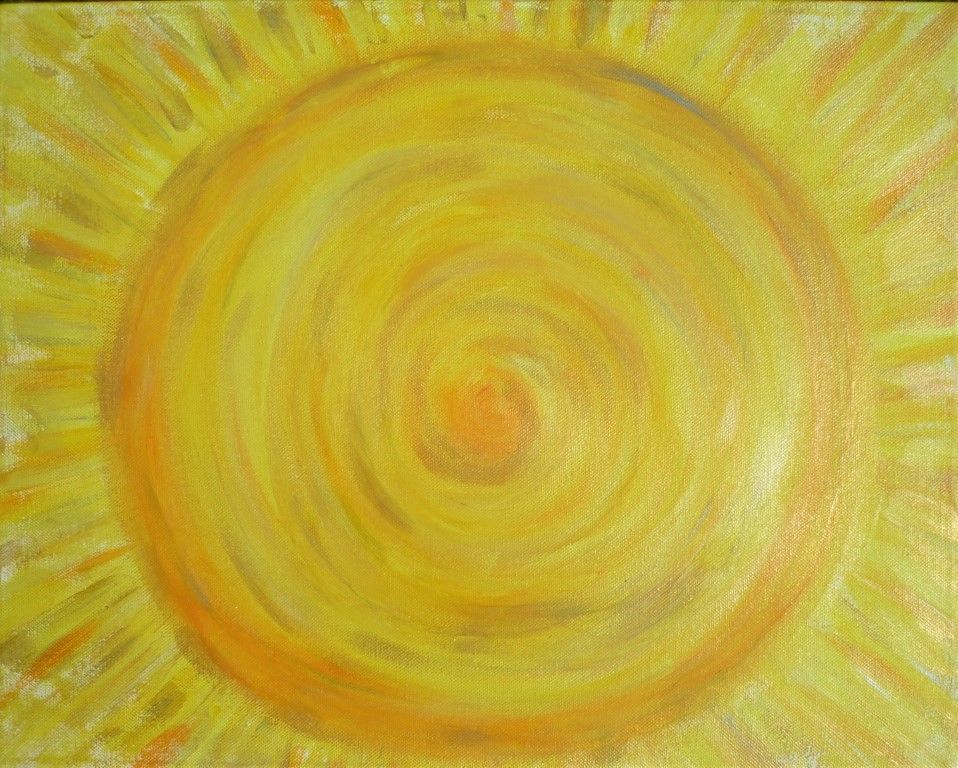 Eine Nahaufnahme eines Gemäldes einer gelben Sonne auf einer Leinwand.