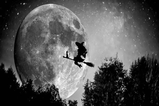 Eine Hexe fliegt auf einem Besen vor einem Vollmond.