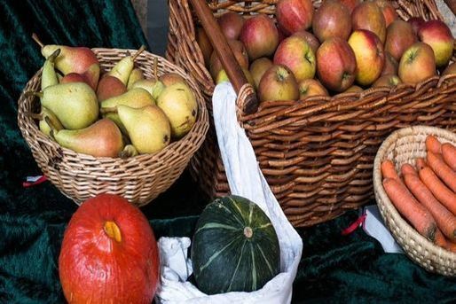 Eine Vielzahl von Obst und Gemüse, darunter Äpfel, Birnen, Karotten und ein Kürbis