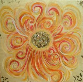 Ein Gemälde einer Blume mit Schnörkeln und einem Diamanten in der Mitte.