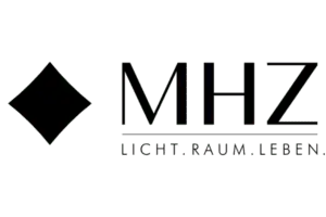 A black and white logo for mhz licht raum leben