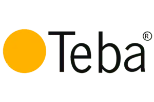 Ein Teba-Logo mit einem gelben Kreis in der Mitte