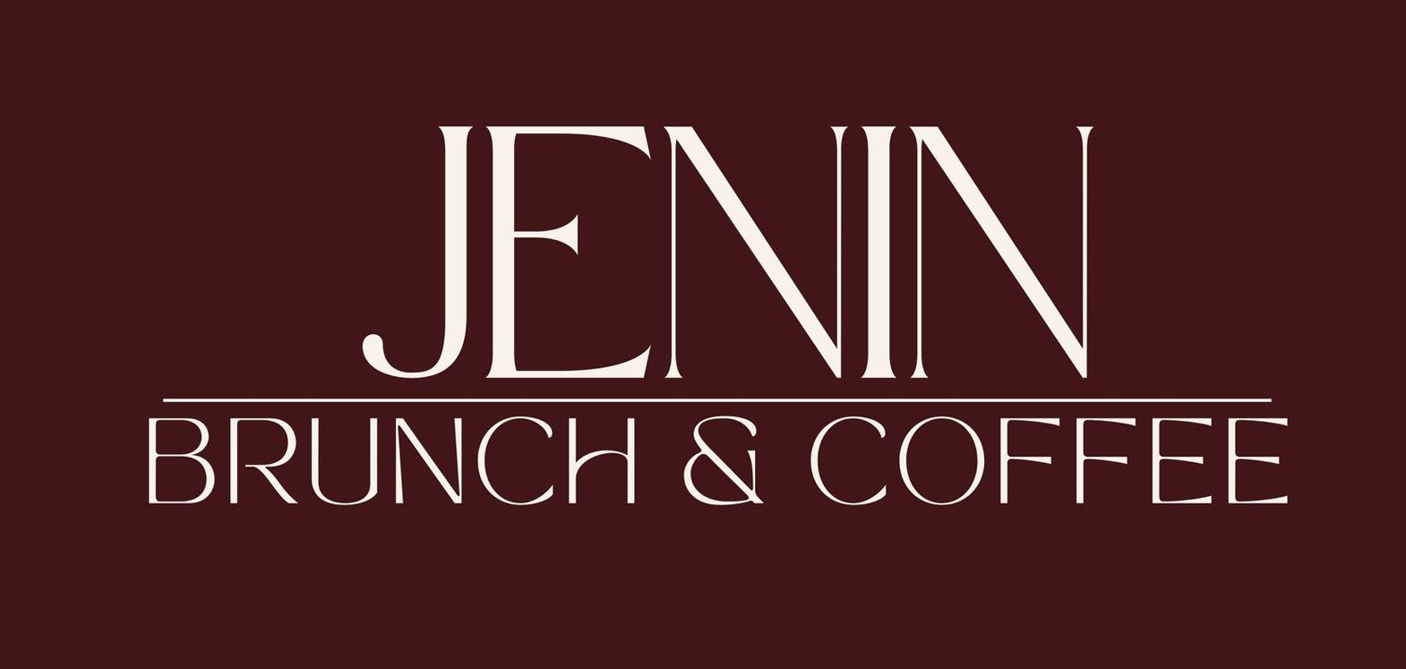 Logotipo de JENN BRUNCH & COFFEE en blanco sobre fondo granate oscuro