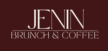 Logotipo de JENN BRUNCH & COFFEE en blanco sobre fondo granate oscuro