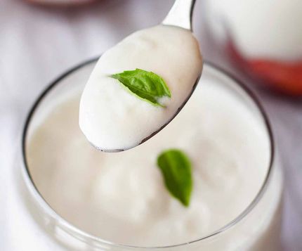 Una cucharada de yogur blanco cremoso coronada con una hoja de menta verde sobre un frasco de vidrio.