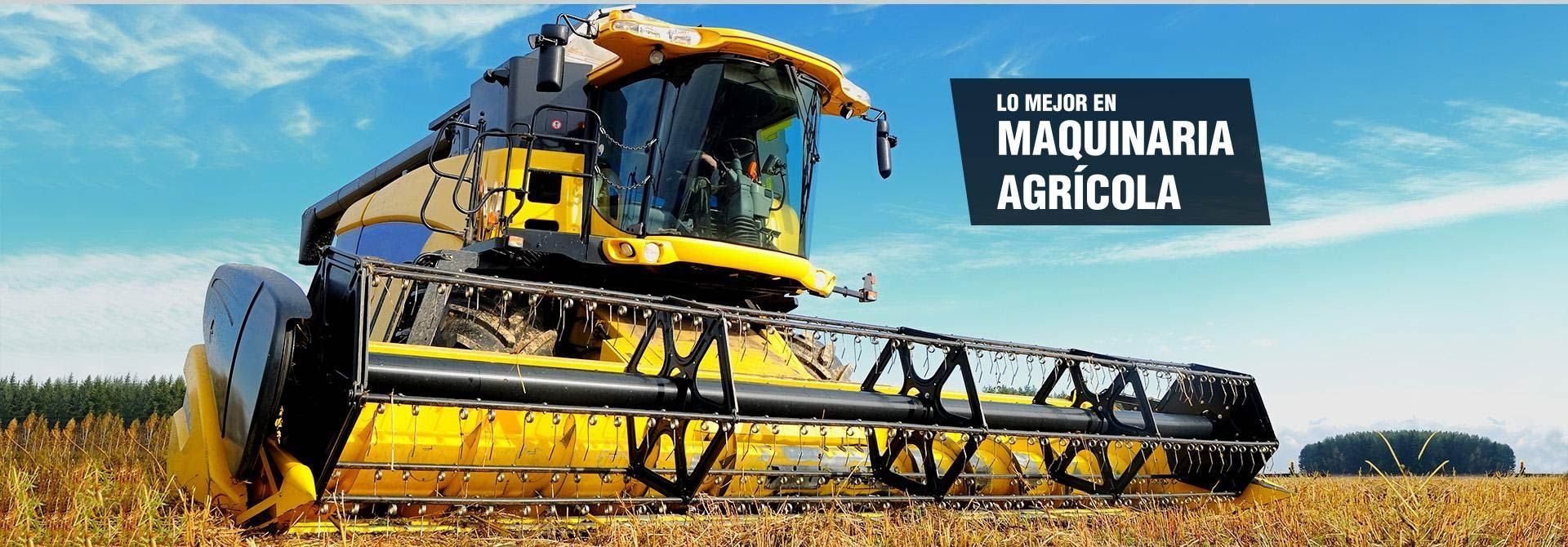 Una cosechadora amarilla en un campo de trigo con cielo azul. El texto dice: «MAQUINARIA AGRÍCOLA».