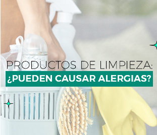 Productos de limpieza sobre una superficie, titular: ¿Pueden los productos de limpieza causar alergias?