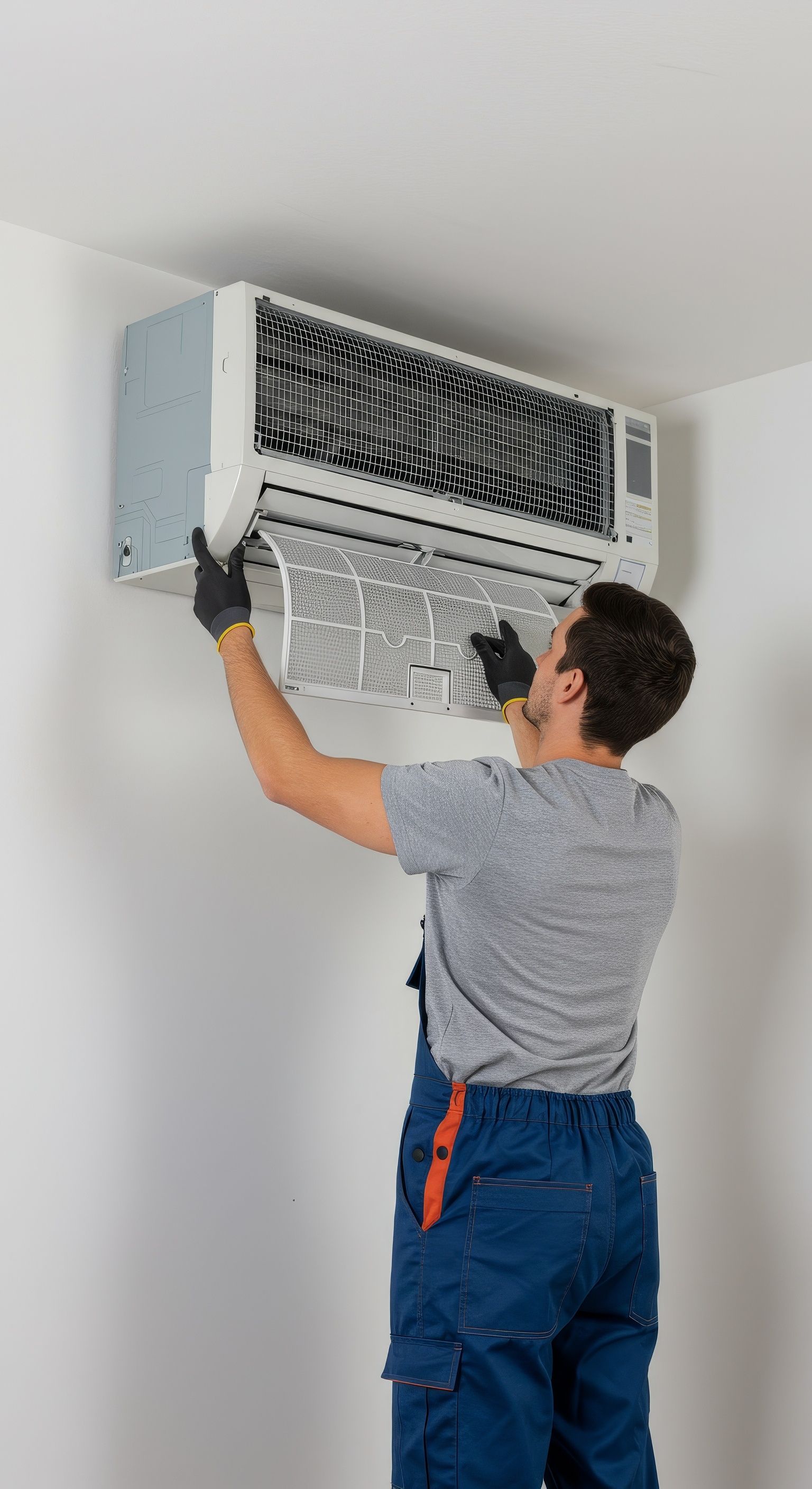 Technicien qui nettoie le filtre d'une climatisation murale