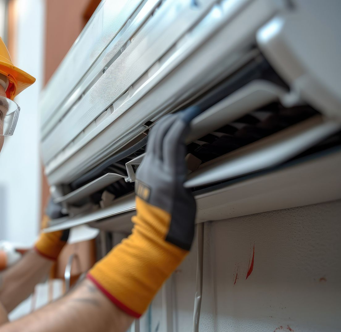 Climaticien en intervention sur une caissette de climatisation