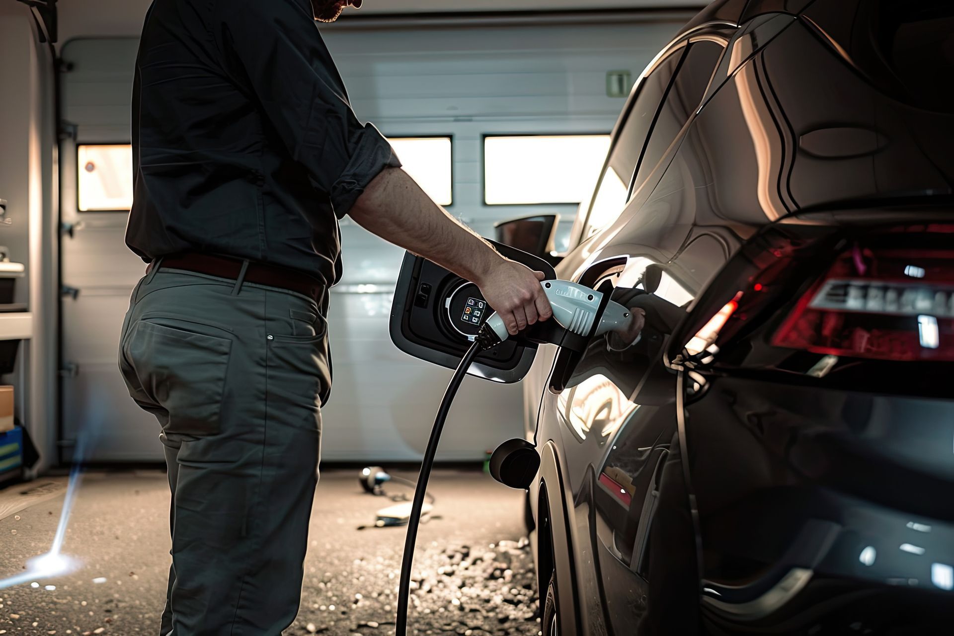 Homme tenant un câble de recharge électrique