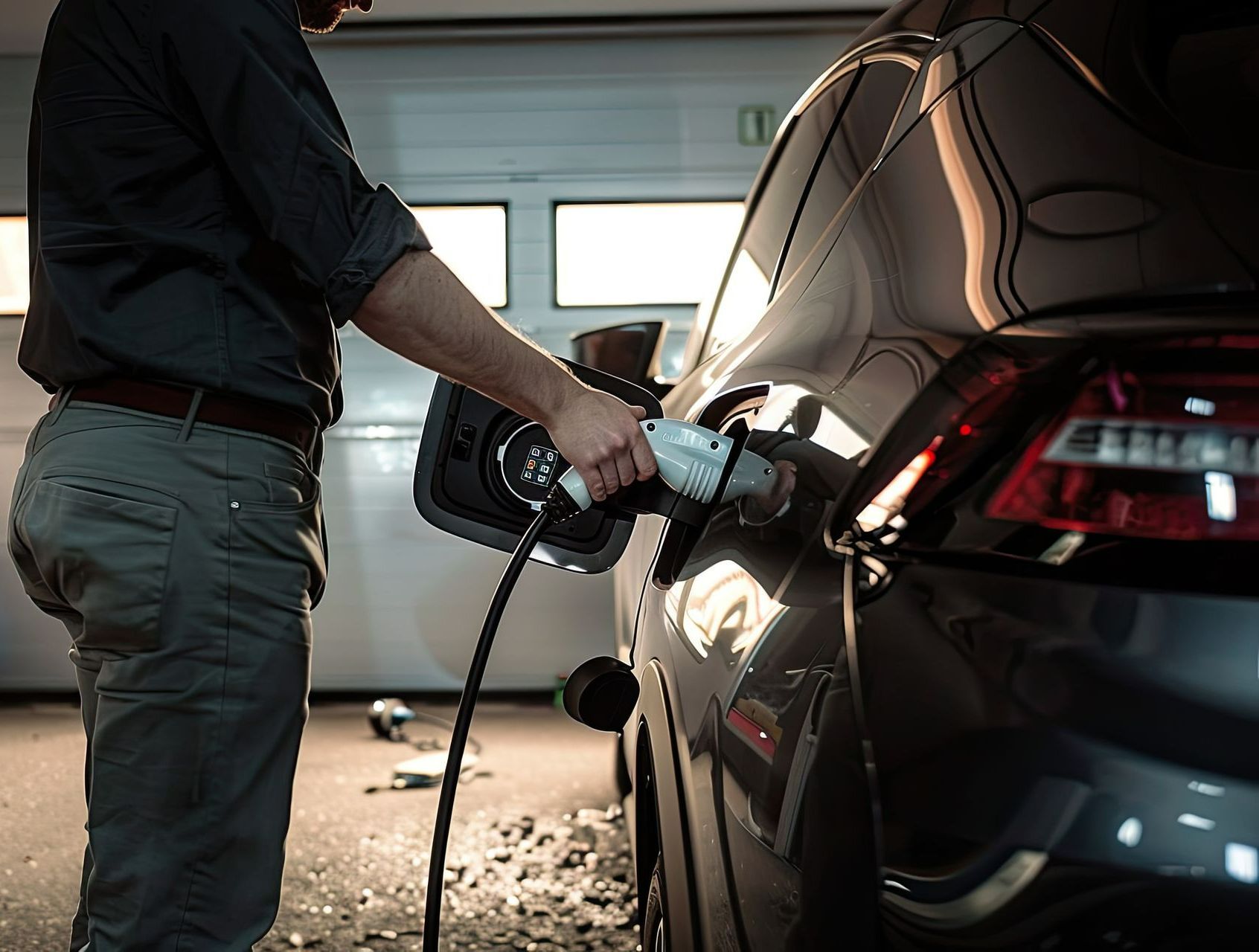 Un homme branche sa voiture électrique pour la recharger dans son garage