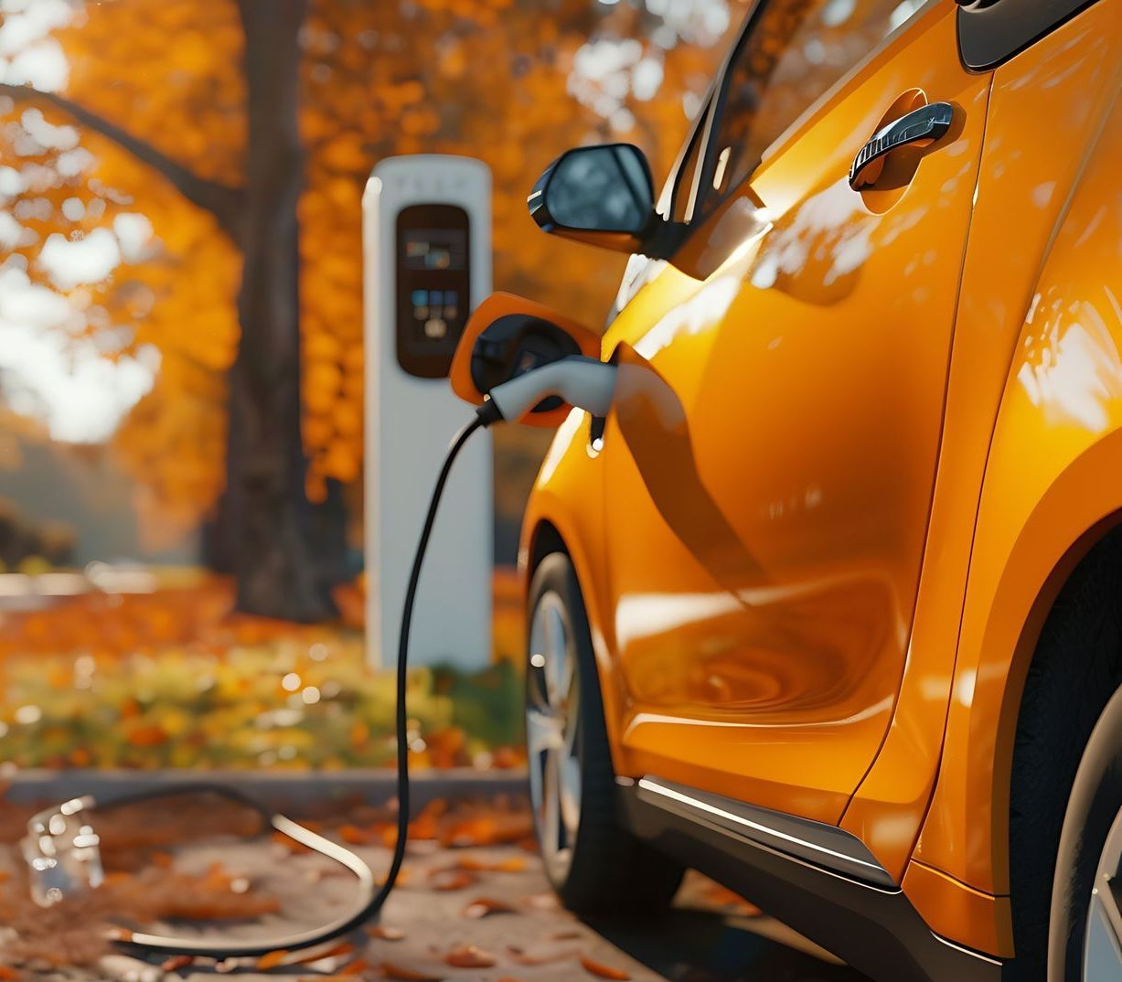 Voiture orange branchée à une borne de recharge