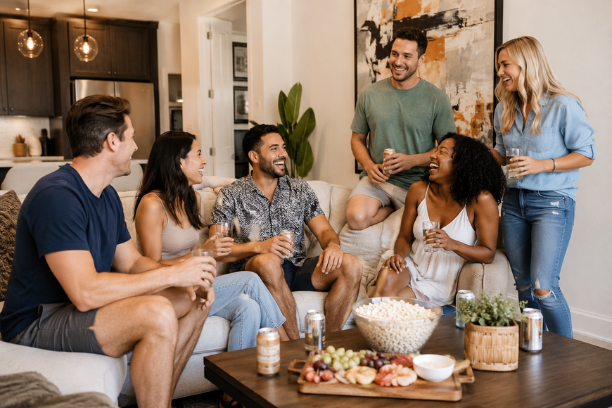Family and friends enjoying a spacious Houston vacation rental living room designed for group travel