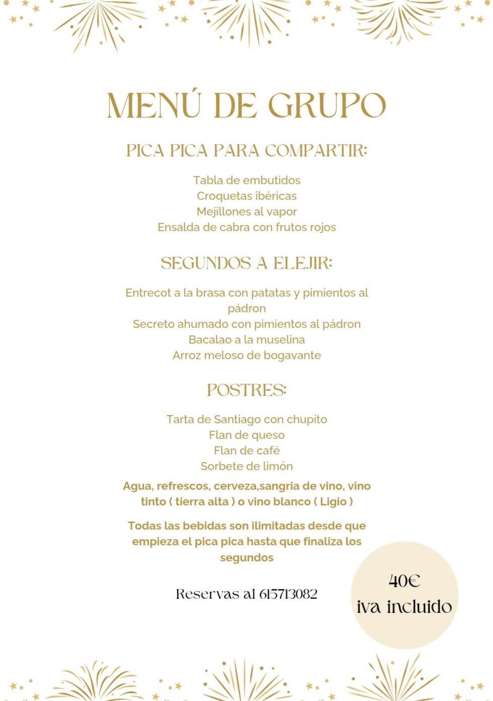 Menú de grupo español en dorado y blanco, sobre fondo blanco, con detalles decorativos y secciones por plato.