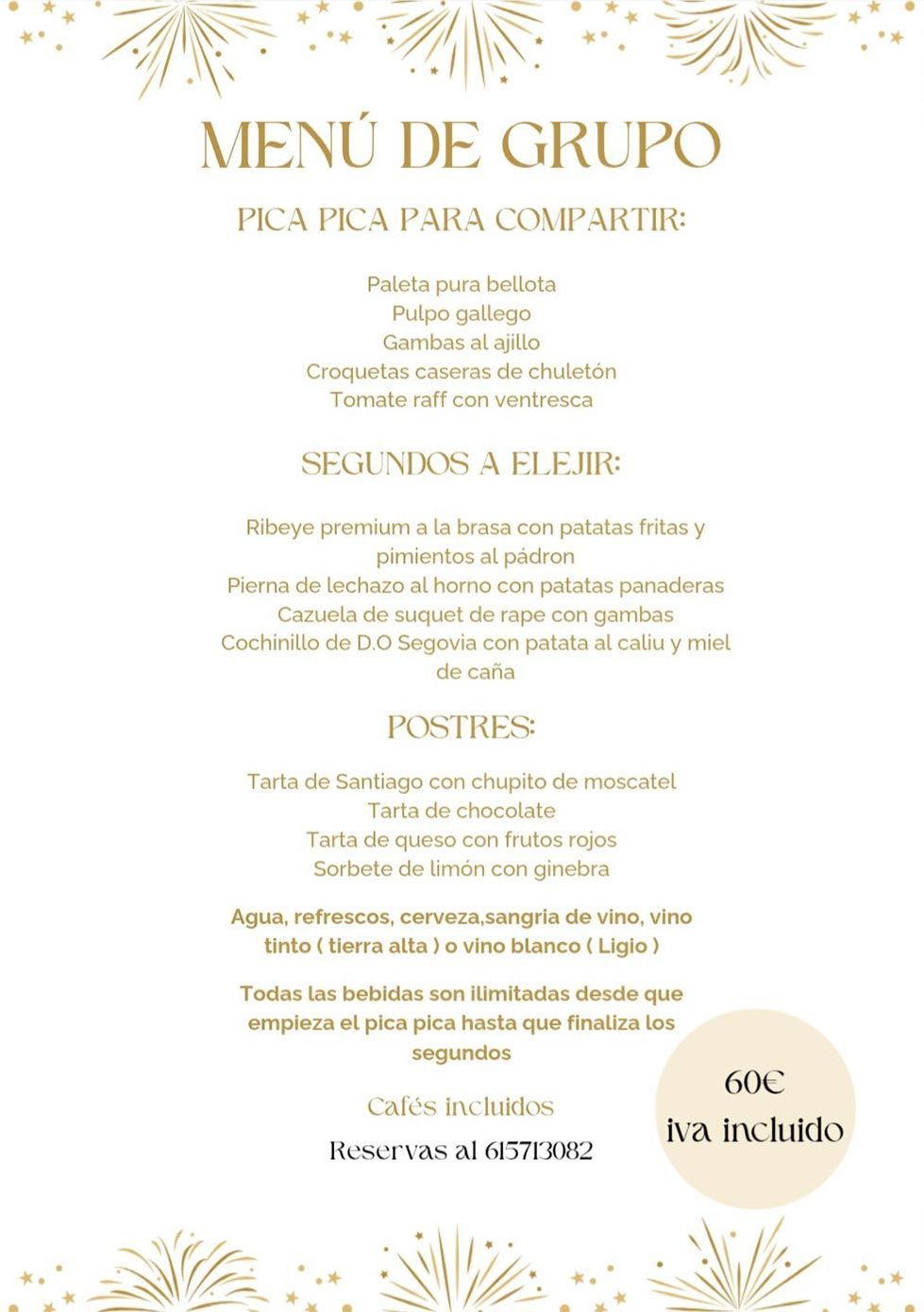 Elegante menú de restaurante en tonos beige titulado «Menú de Grupo», con detalles decorativos dorados y texto centrado.