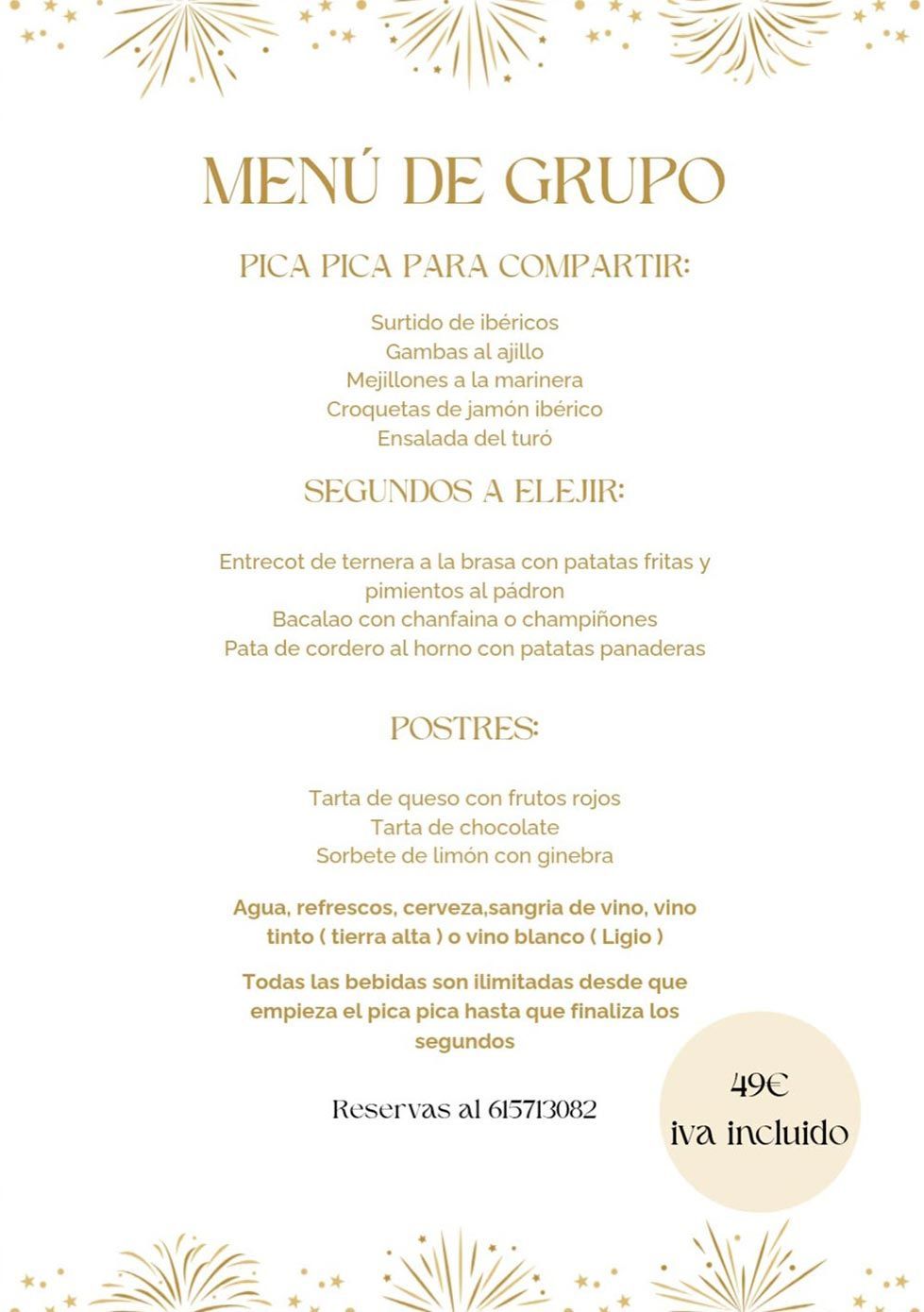 Menú de grupo sobre fondo blanco, con texto dorado y detalles florales; incluye platos y postres.