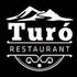 Logotipo "Tur&oacute; Restaurant" en color blanco con monta&ntilde;as, l&iacute;neas curvas y texto sobre fondo negro.