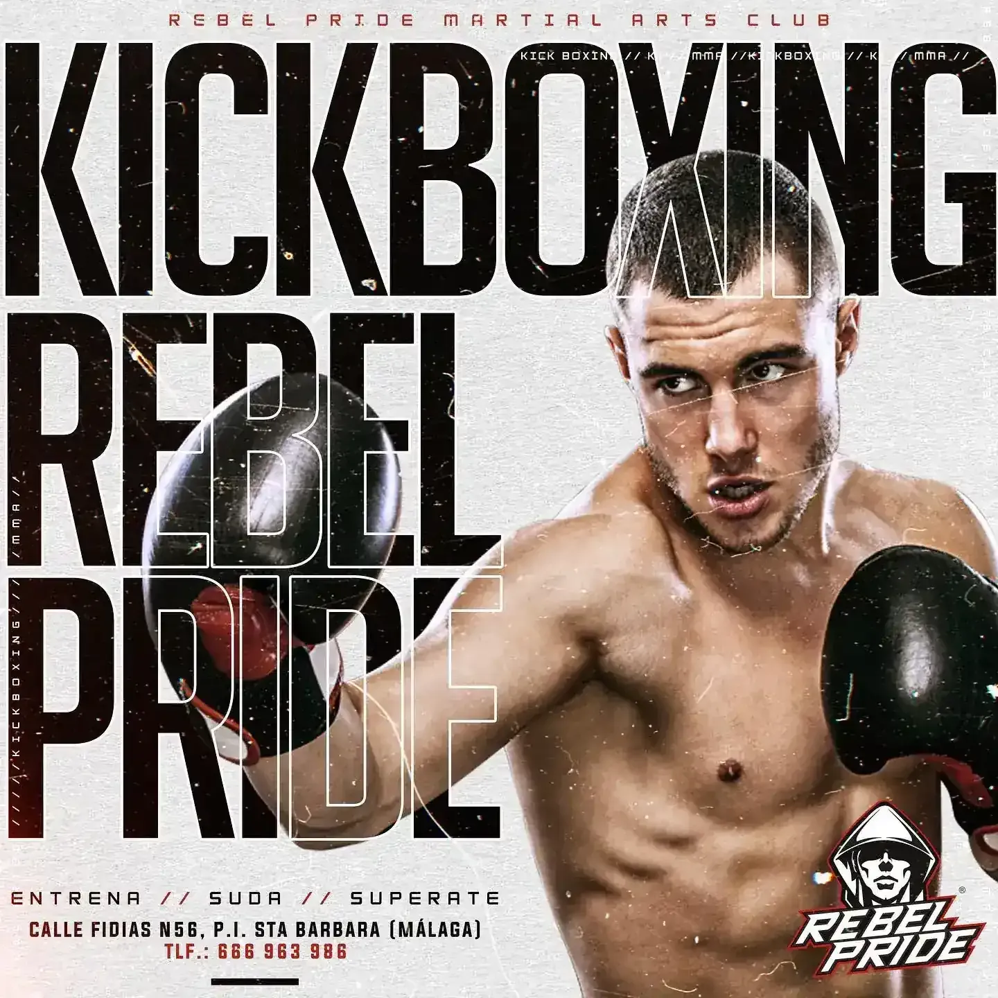 Póster de un evento de kickboxing con un boxeador con guantes.