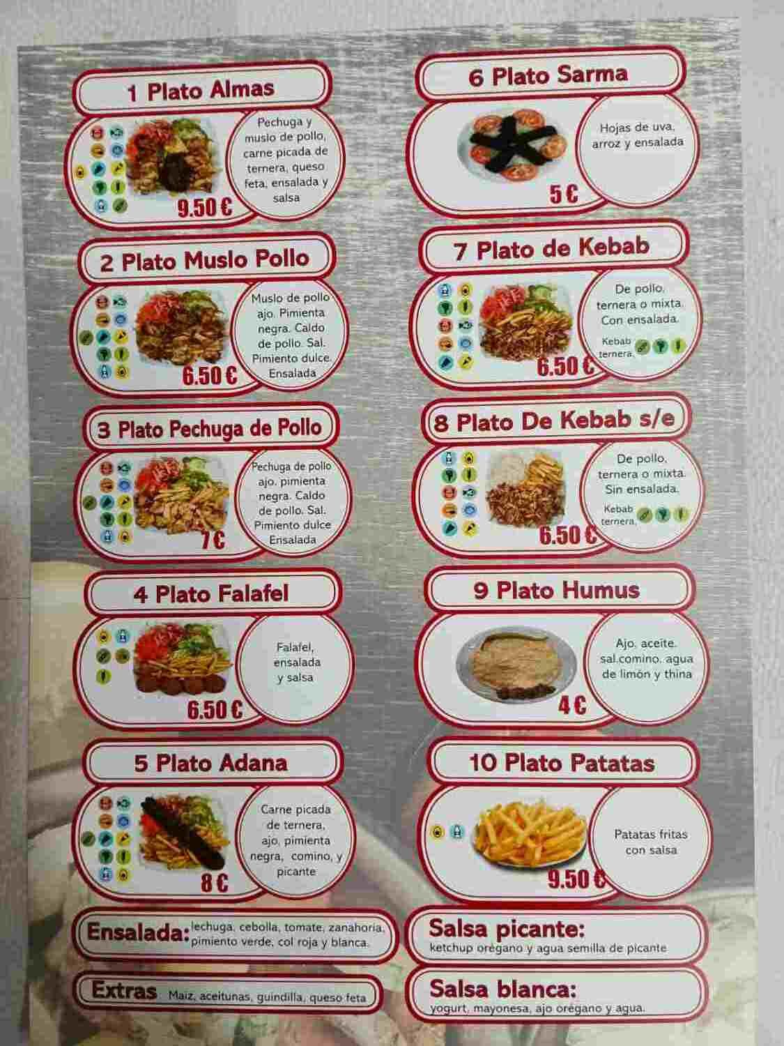 Menú con 10 platos principales y acompañamientos, con nombres en español, fotos de los platos y precios.