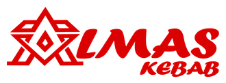 Logotipo de una estrella roja con las palabras «MAS KEBAB» en rojo sobre un fondo blanco