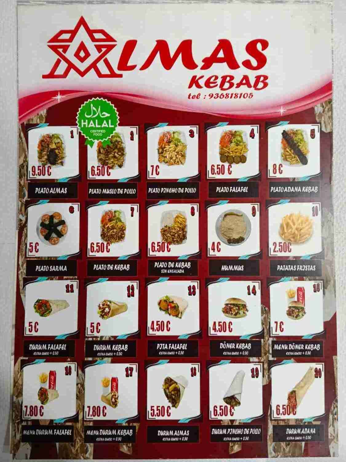 Cartel de menú de Almas Kebab, con fotos coloridas de platos y sus precios bajo el logotipo del restaurante.