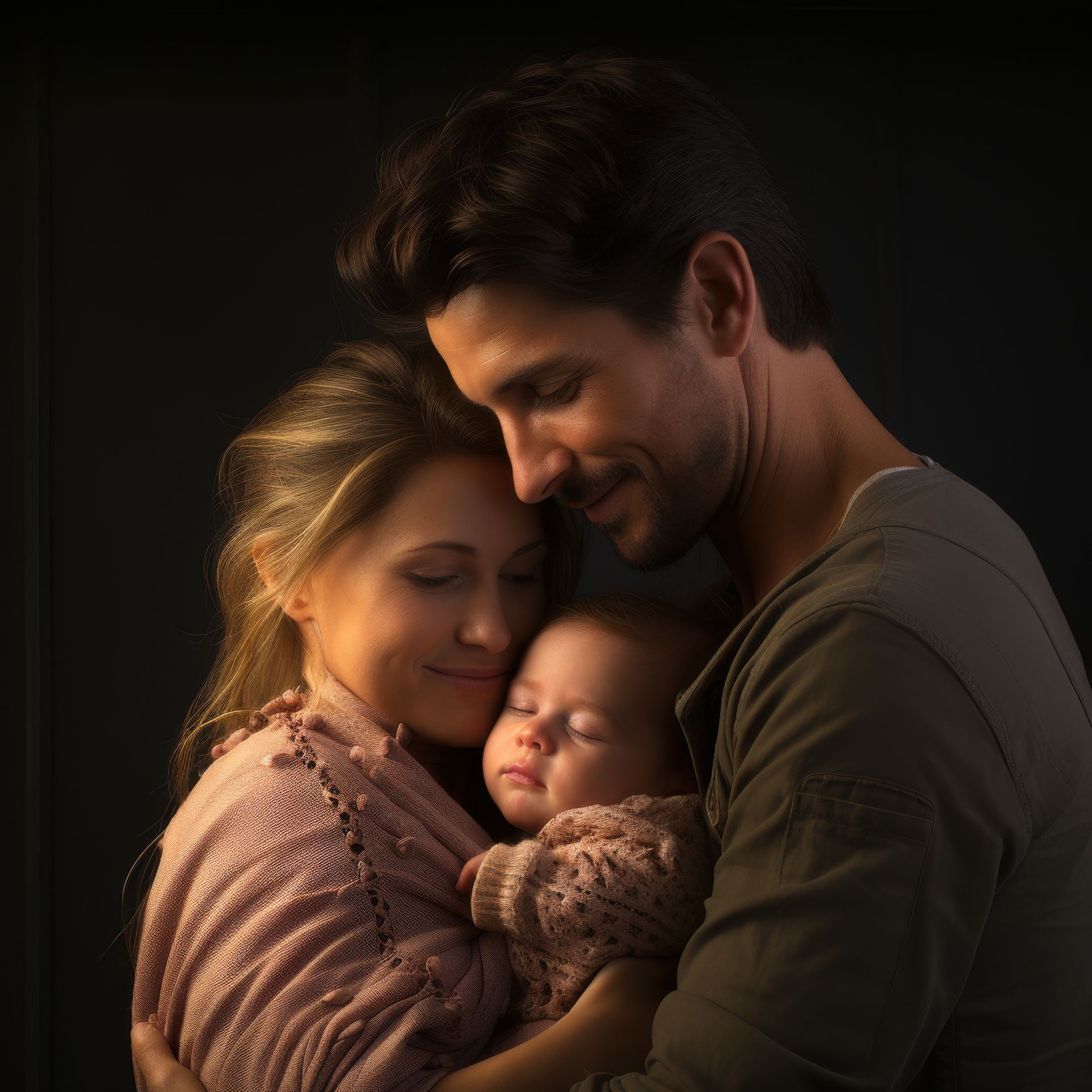 Un couple et son enfant photographiés en studio.