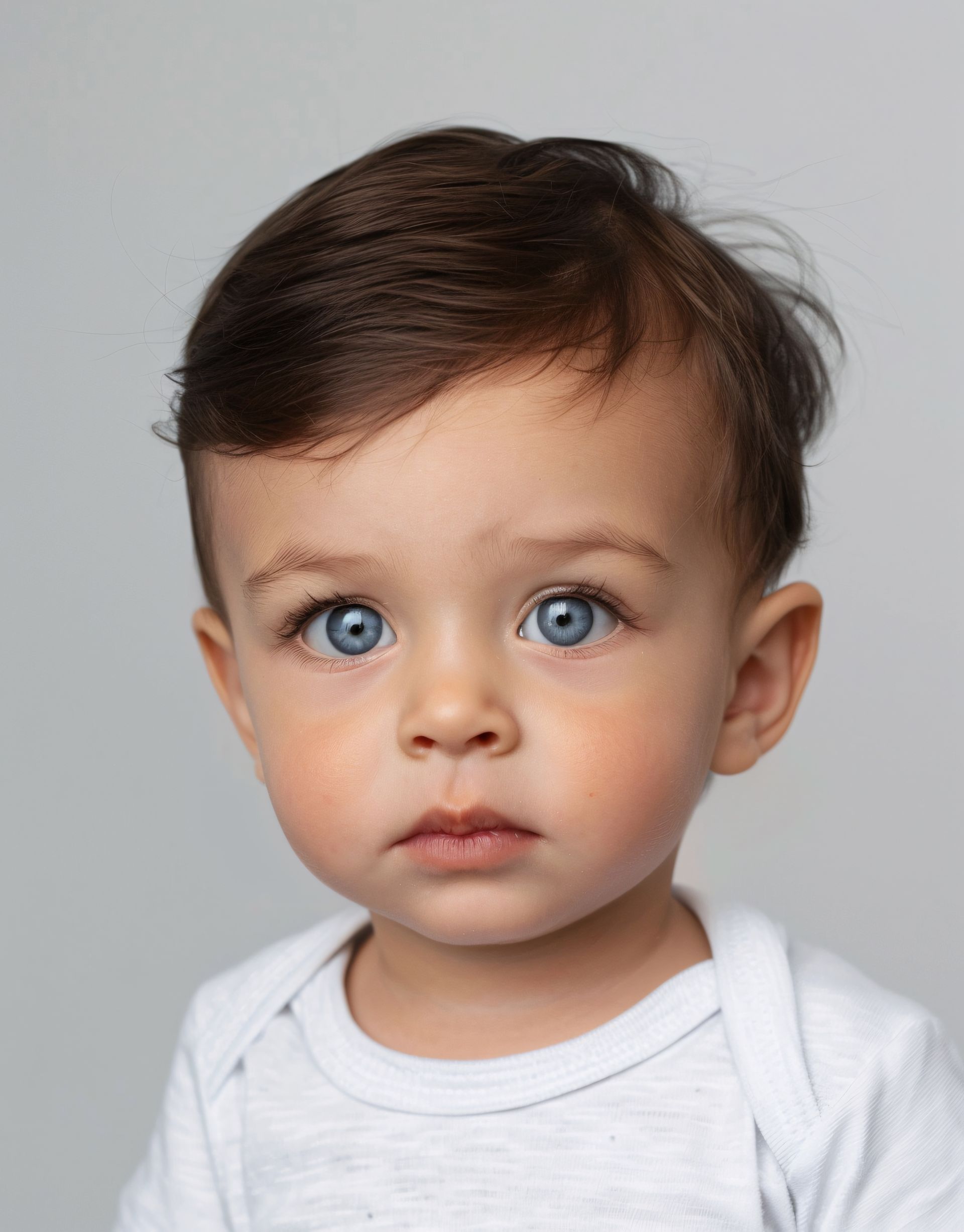 Bébé garçon européen aux cheveux noirs courts et raides et aux yeux bleus, sans lunettes et portant un t-shirt blanc