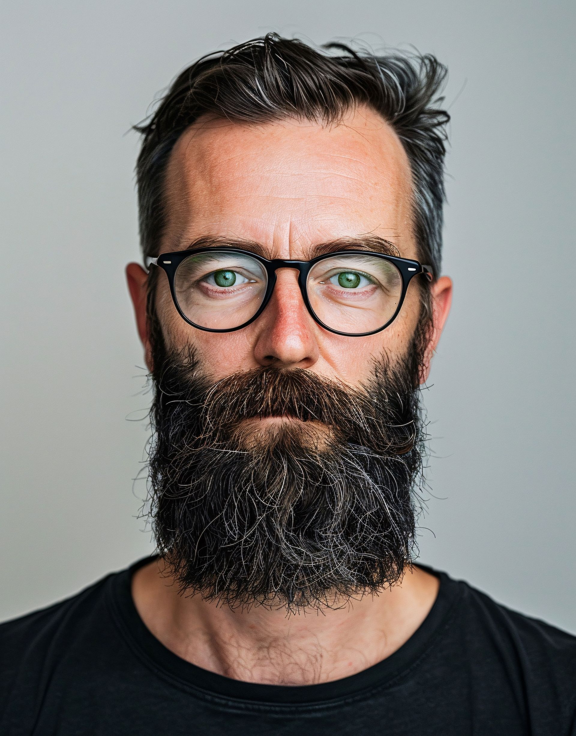 Photo d'identité d'un homme barbu portant des lunettes.