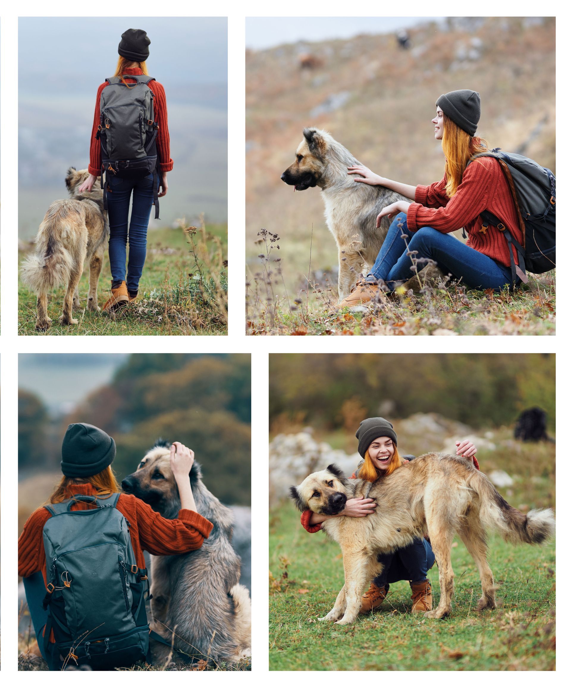 4 photos différentes d'une jeune femme en promenade avec son chien.
