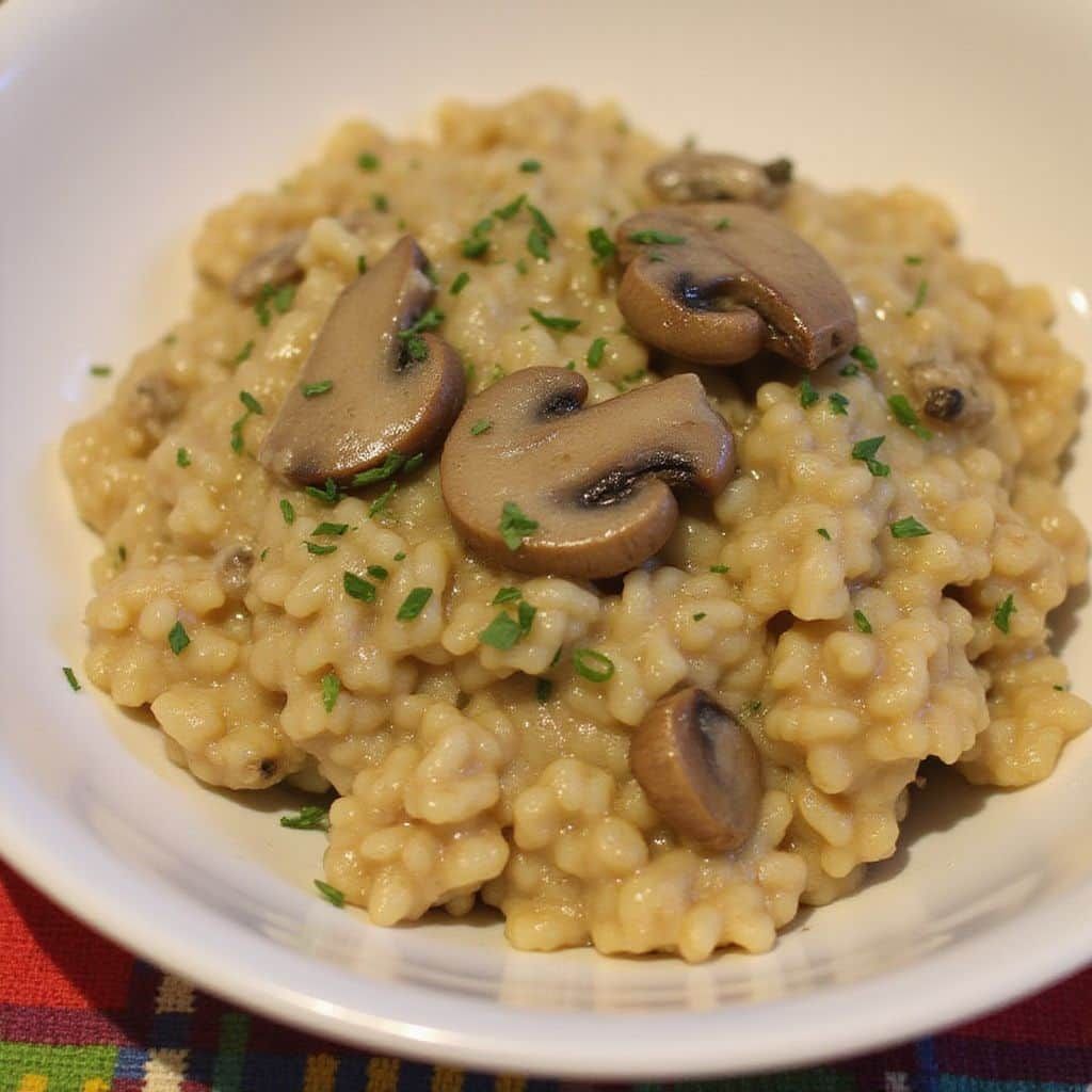 Risotto cremoso de champiñones en un recipiente blanco, adornado con champiñones en rodajas y hierbas picadas.