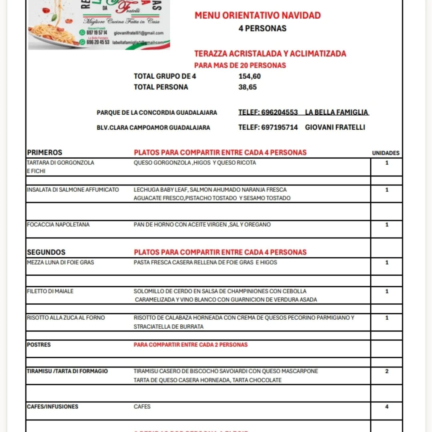 Menú de Navidad para 4 personas con entrantes, platos principales y postres.