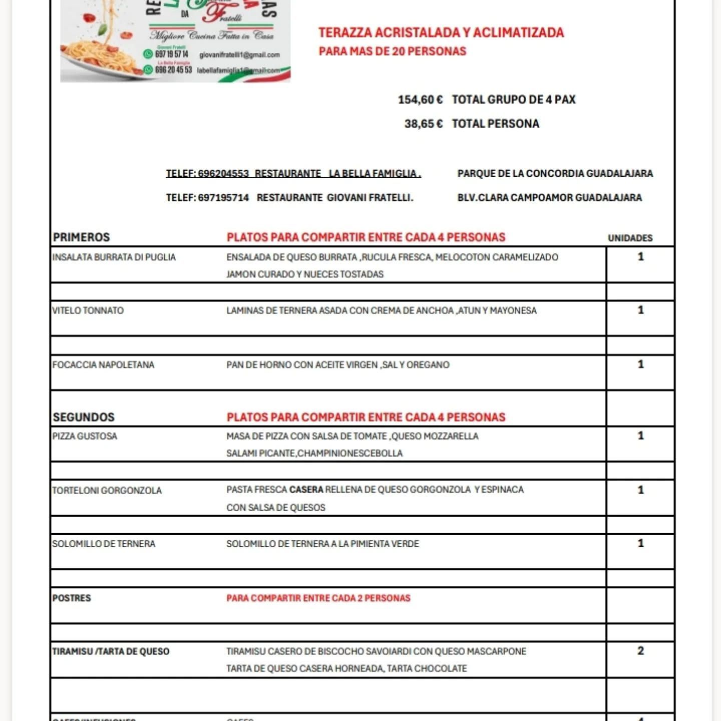 Menú del restaurante con nombres de platos y precios.