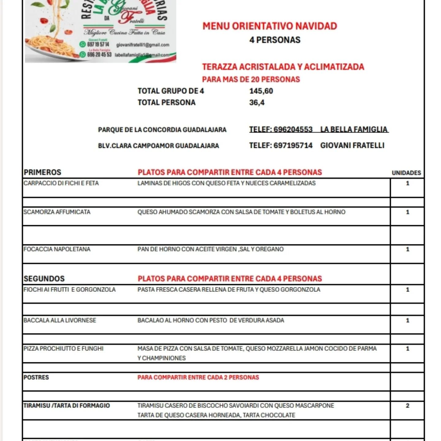 Menú de Navidad para 4 personas con entrantes, platos principales y postres.