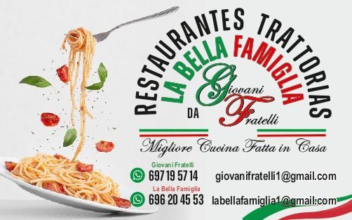 Tarjeta de presentación del restaurante con pasta y el texto