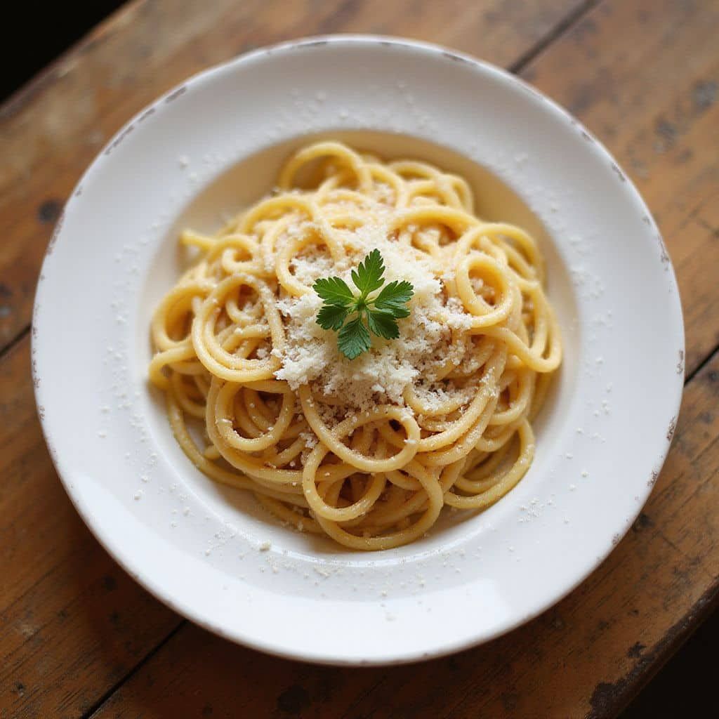 Masa de tiramisú en plato con sirope de café; capas de bizcocho, relleno cremoso y cacao en polvo.