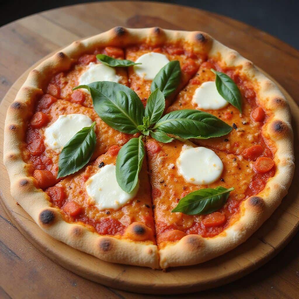 Pizza Margherita sobre tabla de madera; salsa roja, mozzarella, hojas de albahaca.