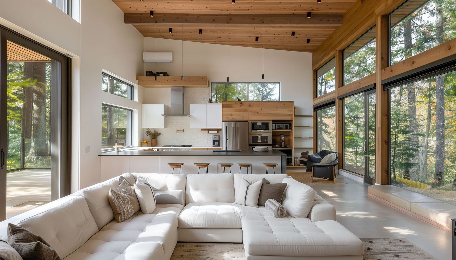 Salon lumineux ouvert avec canapé blanc, plafond en bois et grandes fenêtres donnant sur les arbres.