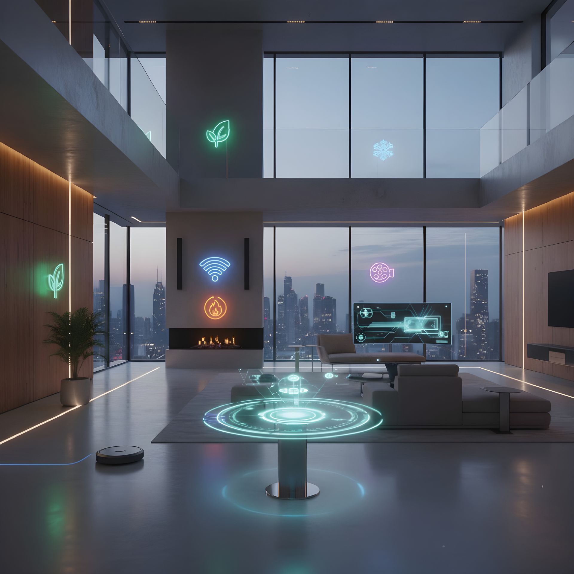 Un appartement de luxe moderne sur deux étages au crépuscule, avec une table holographique, des icônes murales en néon et une vue panoramique sur la ville.