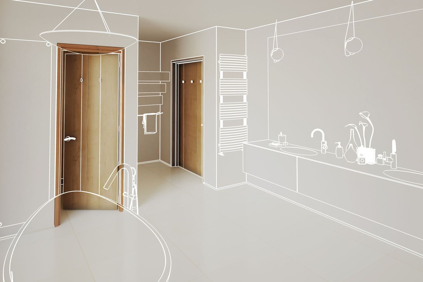 Un intérieur de pièce moderne présentant des portes en bois réalistes sur lesquelles se superpose un croquis blanc dessiné à la main représentant des meubles et des accessoires.